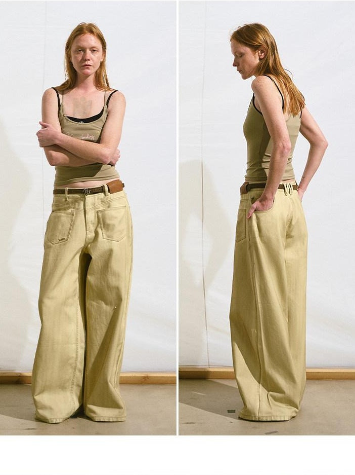 NAWSNOTAWEAR Cheese Yellow Distressed Micro Stretch Relaxed Natural Waist Wide Leg Jeans