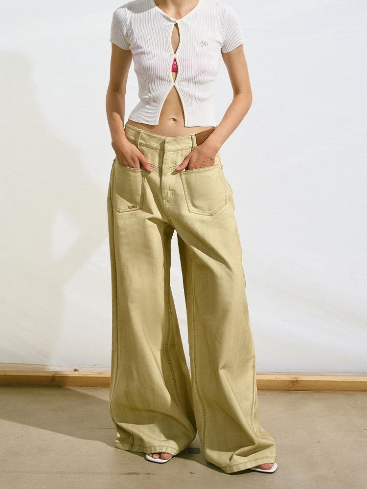 NAWSNOTAWEAR Cheese Yellow Distressed Micro Stretch Relaxed Natural Waist Wide Leg Jeans
