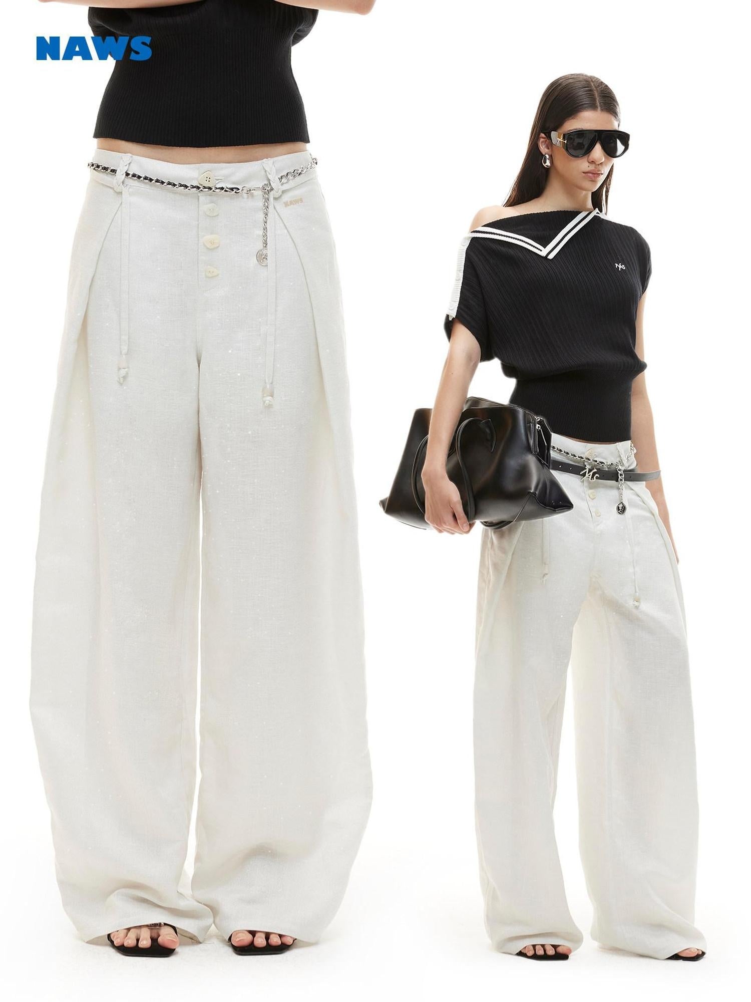 NAWSNOTAWEAR Cloud White Low Rise Button Fly Casual Non Stretch Retail Women Wide Leg Pants