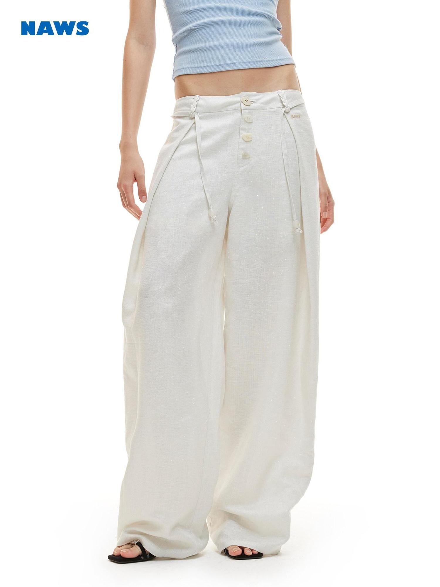 NAWSNOTAWEAR Cloud White Low Rise Button Fly Casual Non Stretch Retail Women Wide Leg Pants