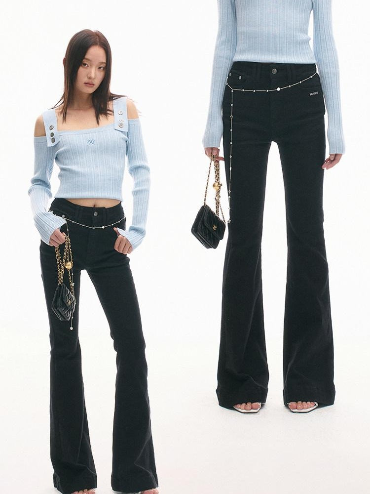NAWSNOTAWEAR Comfort Stretch Casual Slim Natural Waist Button Denim Flared Jeans