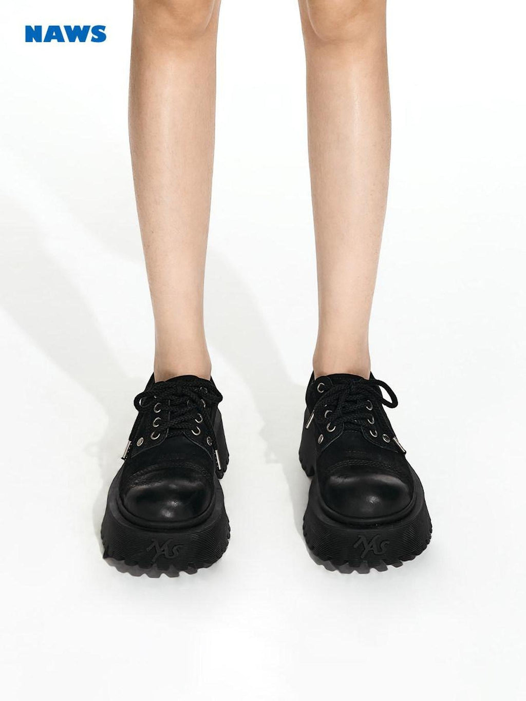 NAWSNOTAWEAR Comfy Suede Leather Lace Up Round Toe Mid Heel Platform Commuter Flats