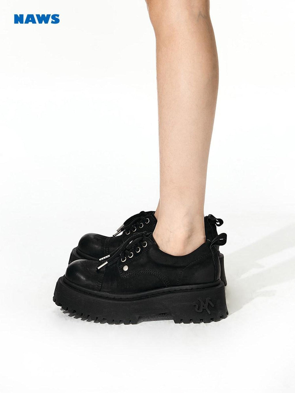 NAWSNOTAWEAR Comfy Suede Leather Lace Up Round Toe Mid Heel Platform Commuter Flats