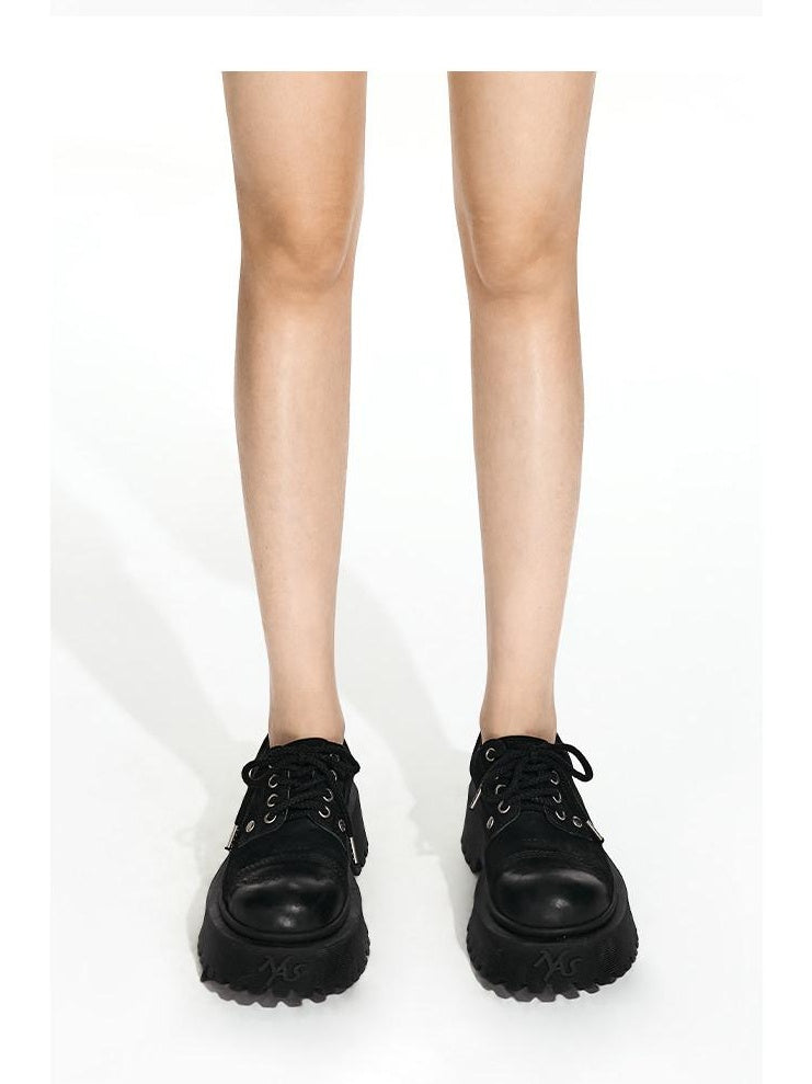 NAWSNOTAWEAR Comfy Suede Leather Lace Up Round Toe Mid Heel Platform Commuter Flats