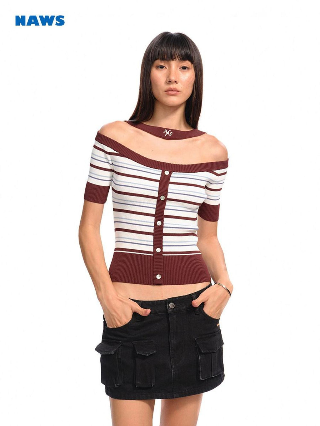 NAWSNOTAWEAR Cooling Classic Stripe Slim Short Sleeve Women Tee Off Shoulder Crop Tops