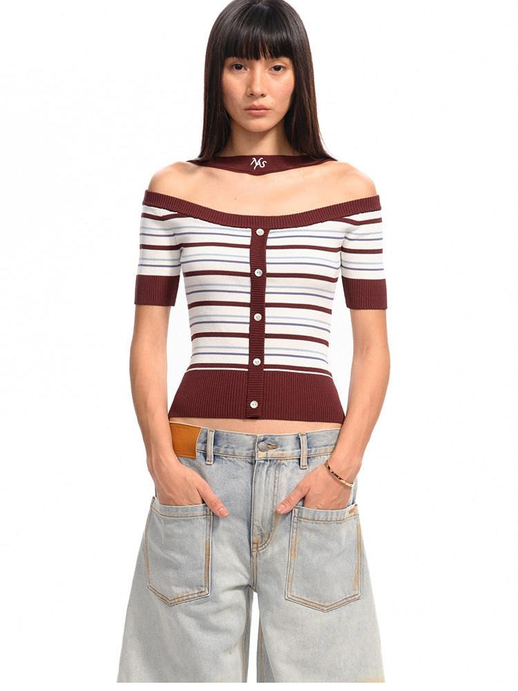 NAWSNOTAWEAR Cooling Classic Stripe Slim Short Sleeve Women Tee Off Shoulder Crop Tops