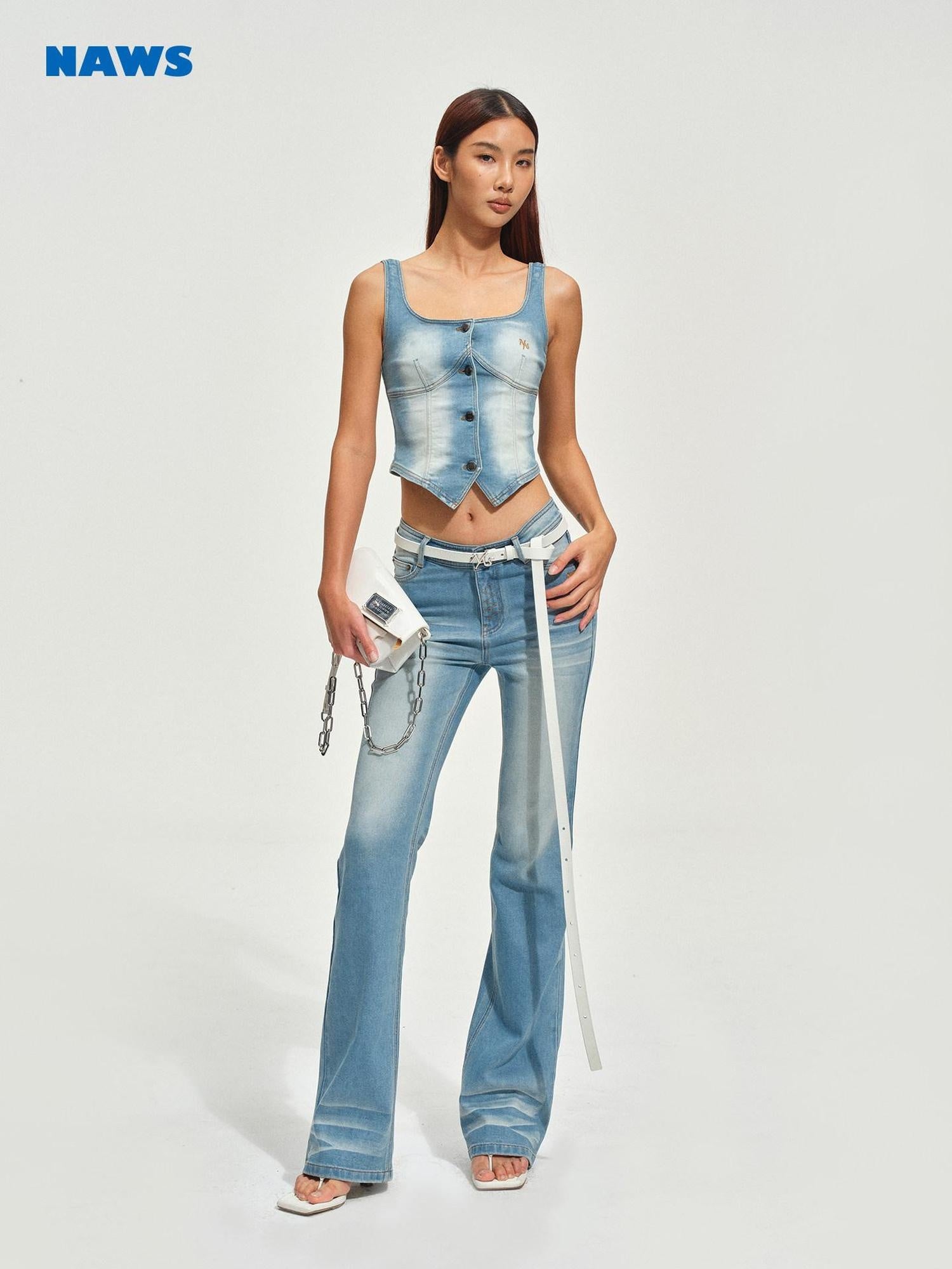 NAWSNOTAWEAR Cotton Blend Vintage Slim U Neck Cropped Button Women Glacier Blue Tank Tops