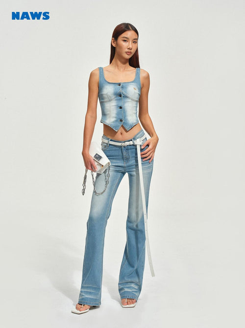 NAWSNOTAWEAR Cotton Blend Vintage Slim U Neck Cropped Button Women Glacier Blue Tank Tops