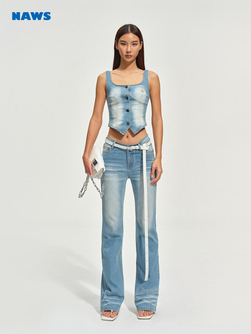 NAWSNOTAWEAR Cotton Blend Vintage Slim U Neck Cropped Button Women Glacier Blue Tank Tops