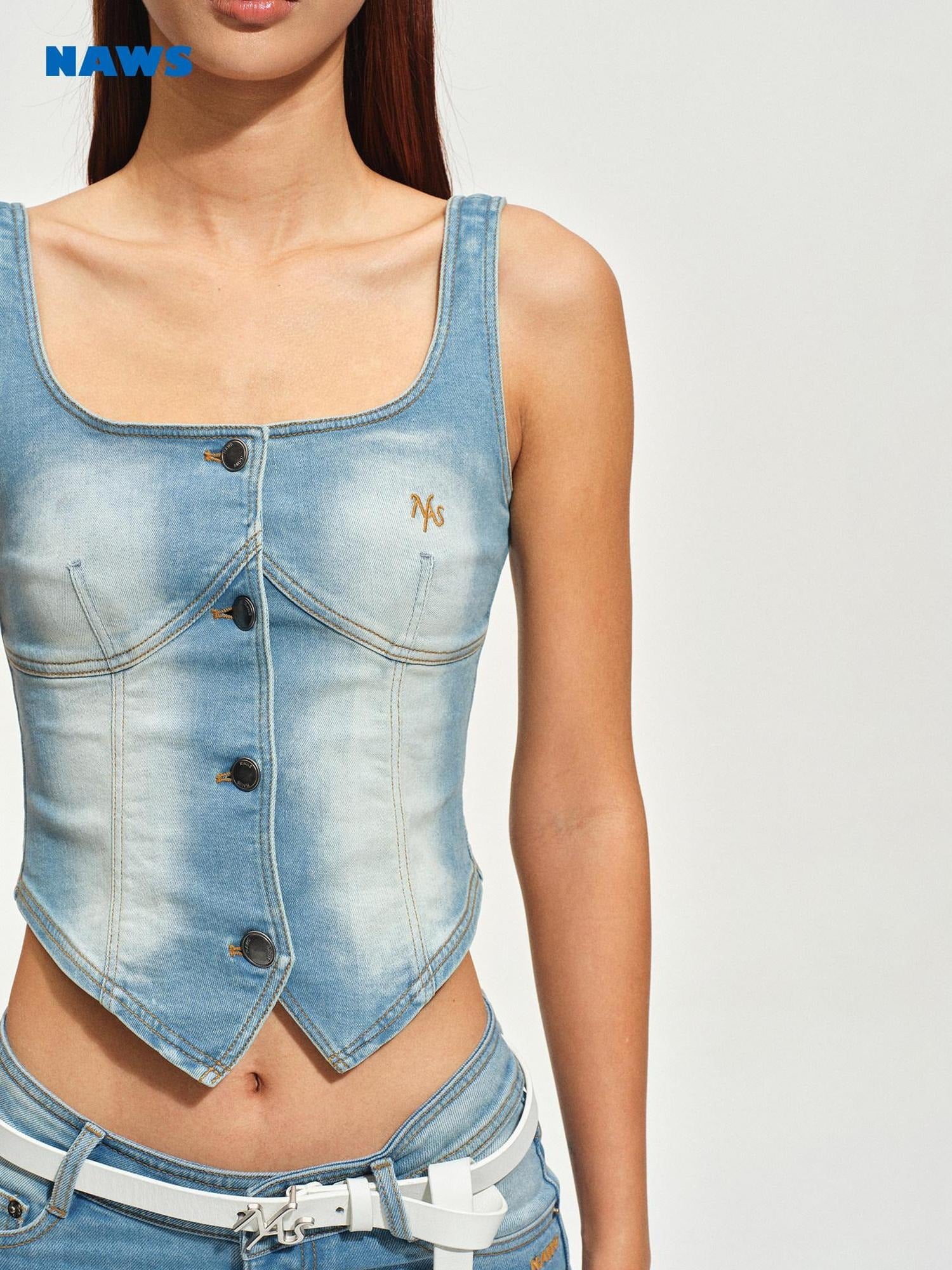 NAWSNOTAWEAR Cotton Blend Vintage Slim U Neck Cropped Button Women Glacier Blue Tank Tops