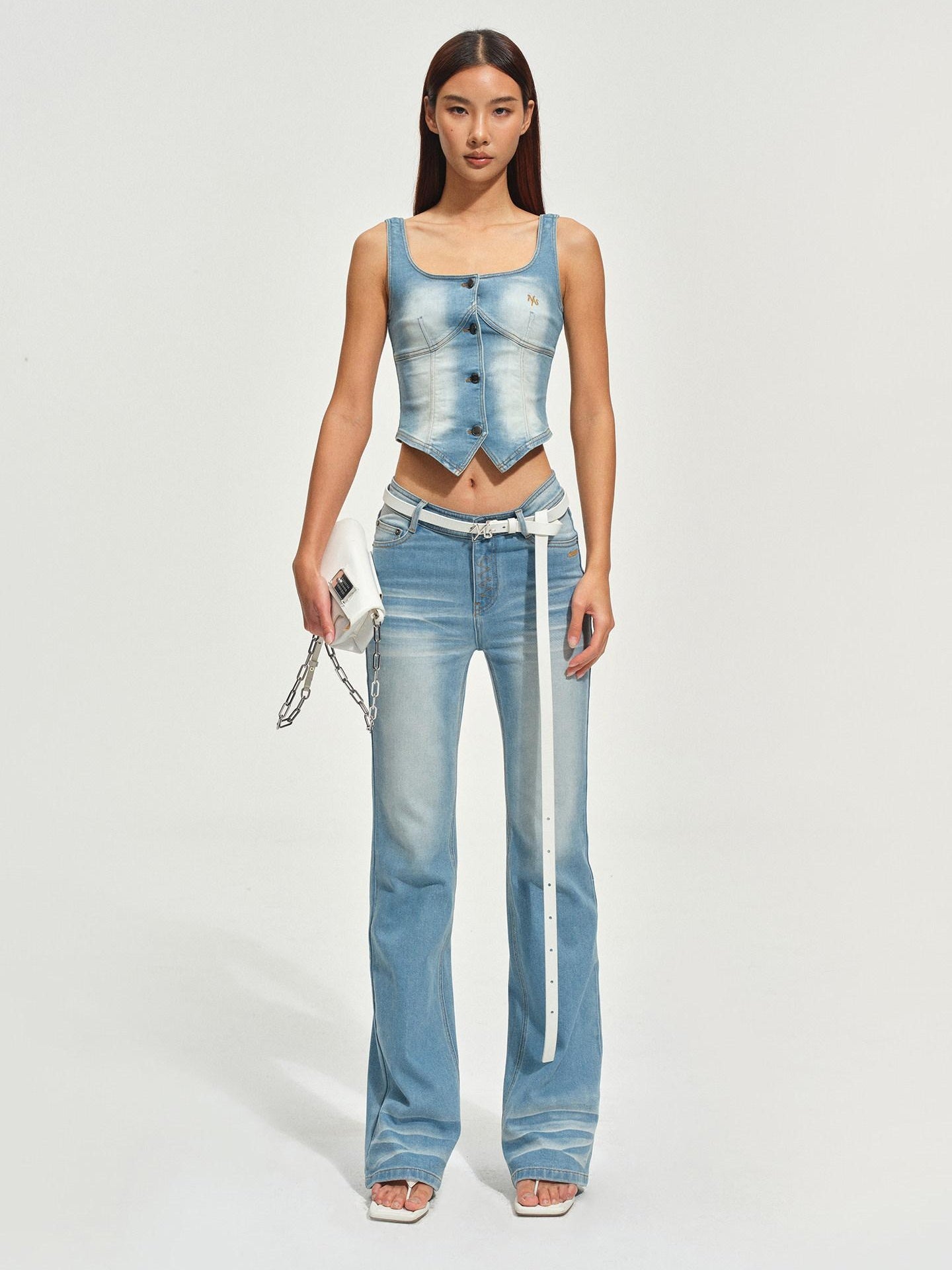 NAWSNOTAWEAR Cotton Blend Vintage Slim U Neck Cropped Button Women Glacier Blue Tank Tops