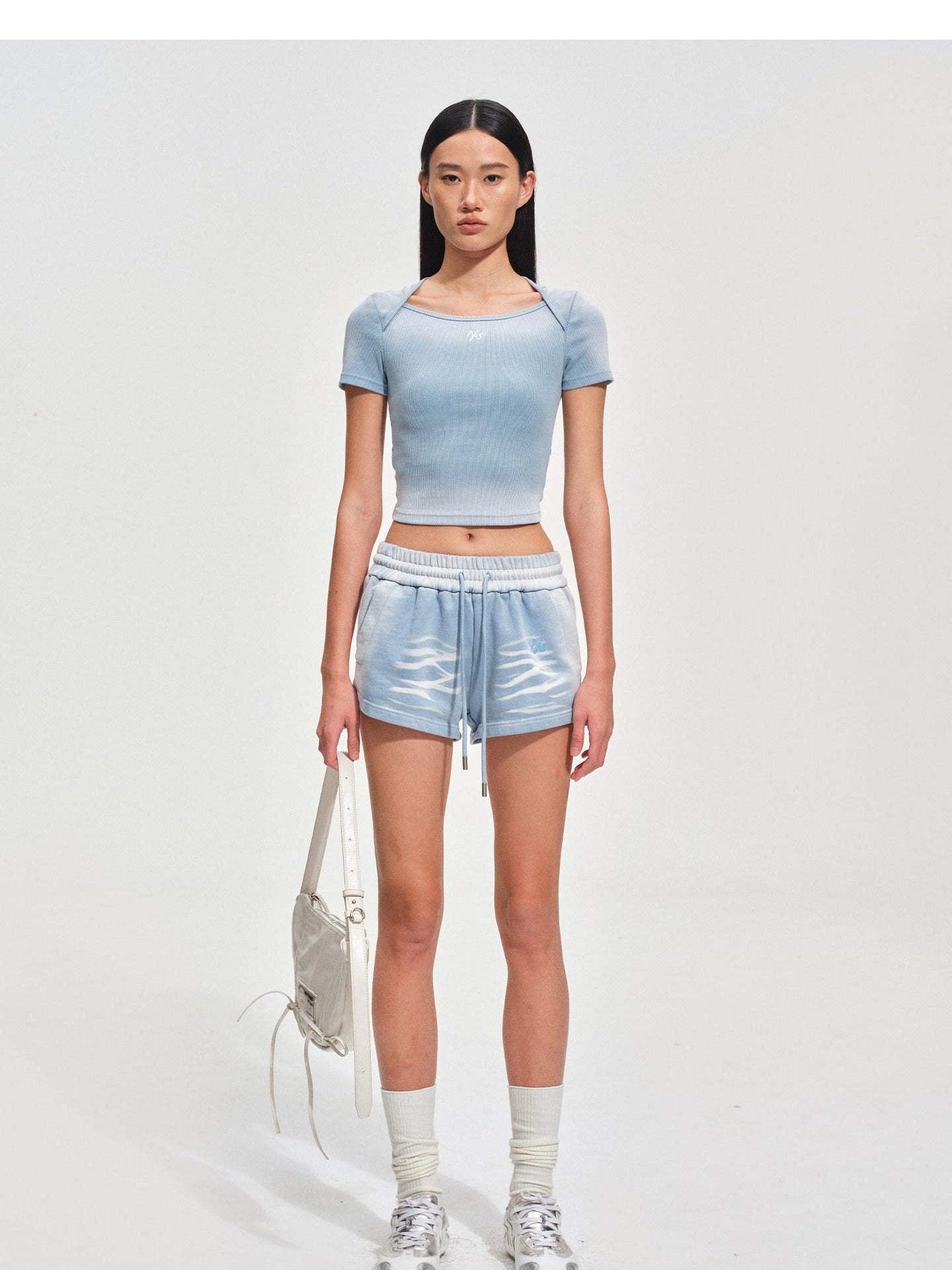 NAWSNOTAWEAR Cotton Drawstring Natural Waist Straight Equestrian Ice Blue Womens Mini Shorts