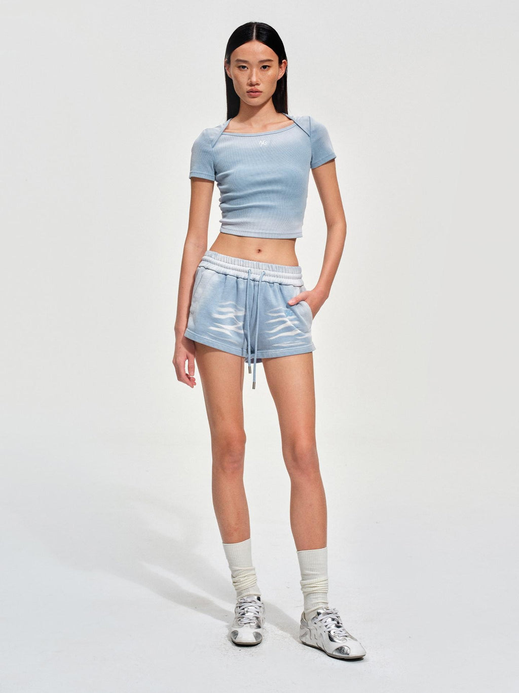 NAWSNOTAWEAR Cotton Drawstring Natural Waist Straight Equestrian Ice Blue Womens Mini Shorts