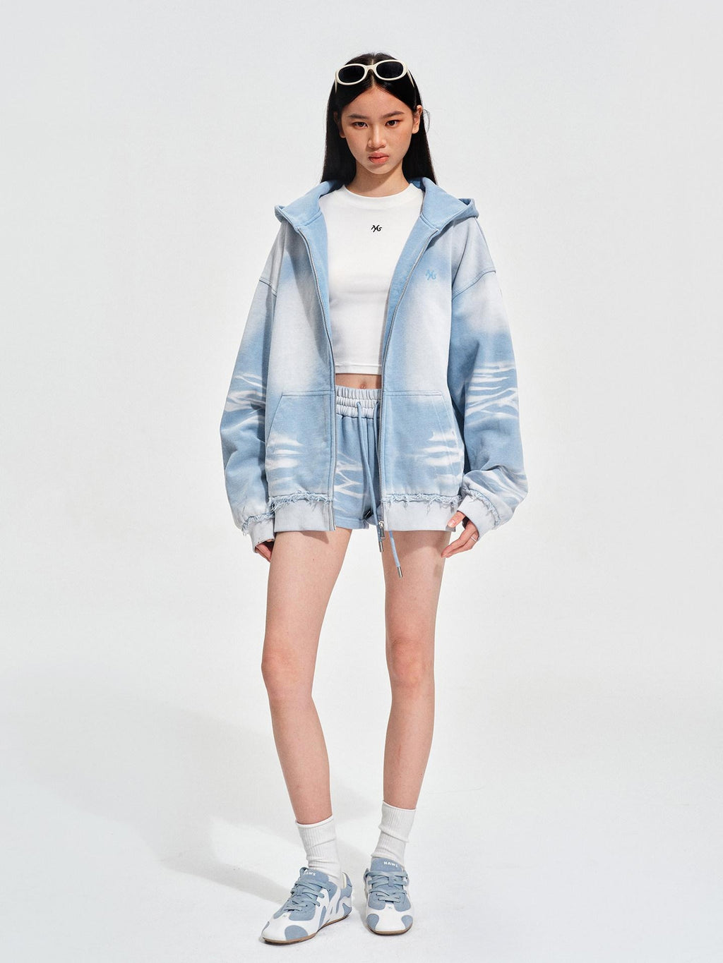 NAWSNOTAWEAR Cotton Drawstring Natural Waist Straight Equestrian Ice Blue Womens Mini Shorts