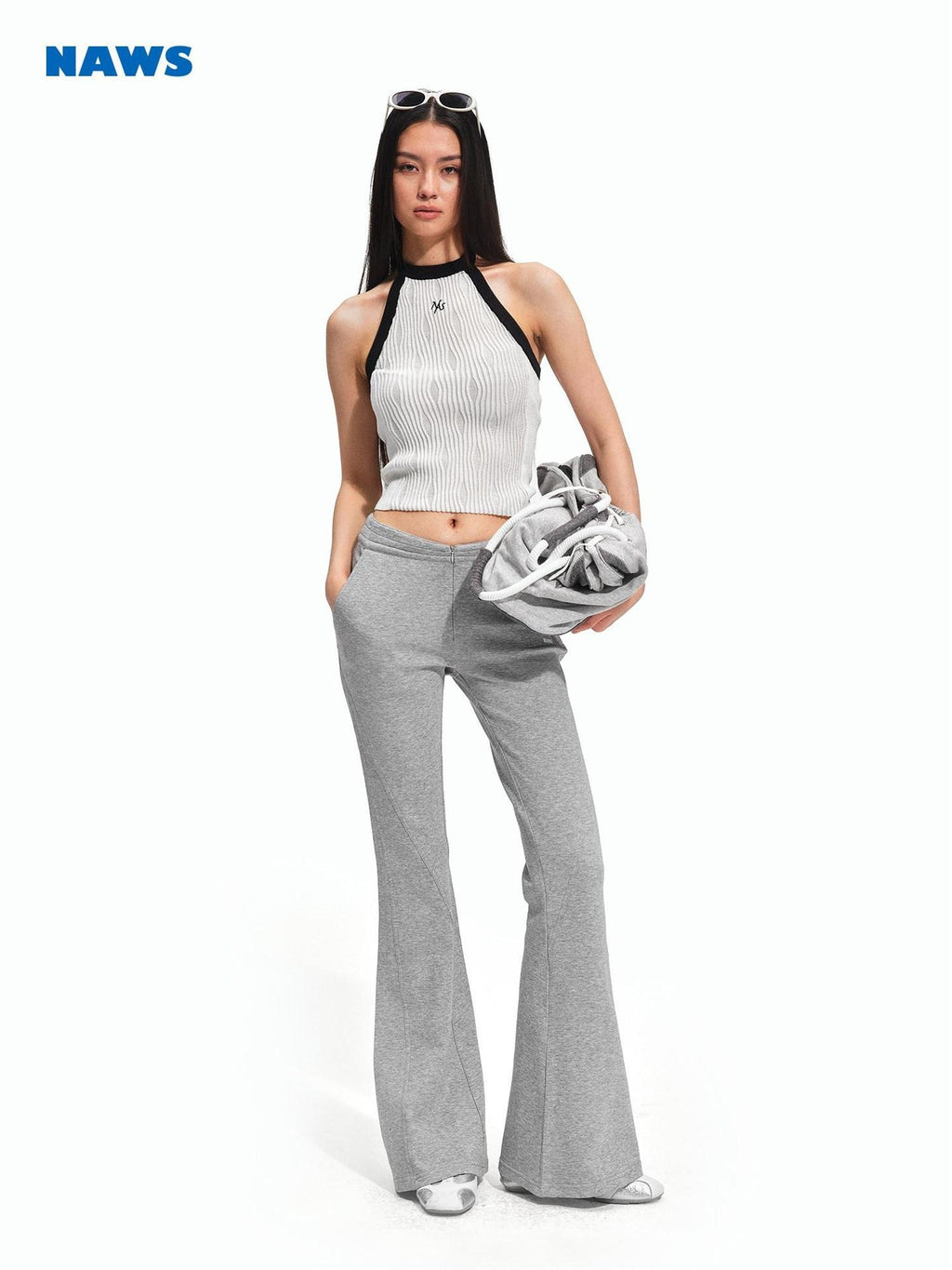 NAWSNOTAWEAR Cotton Lyocell Stretch Low Rise Knit Micro Flare Women Smoky Gray Flared Pants