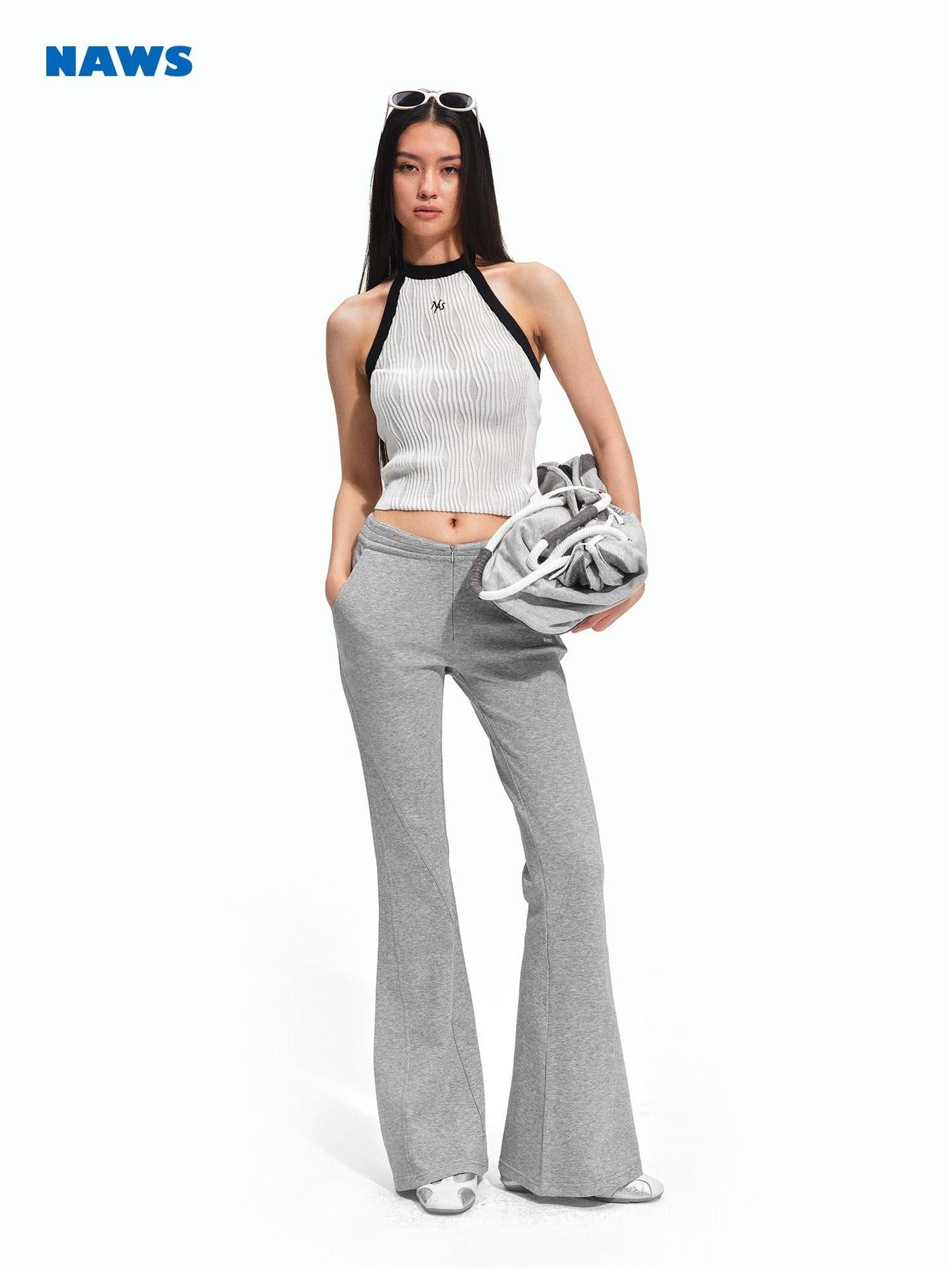NAWSNOTAWEAR Cotton Lyocell Stretch Low Rise Knit Micro Flare Women Smoky Gray Flared Pants