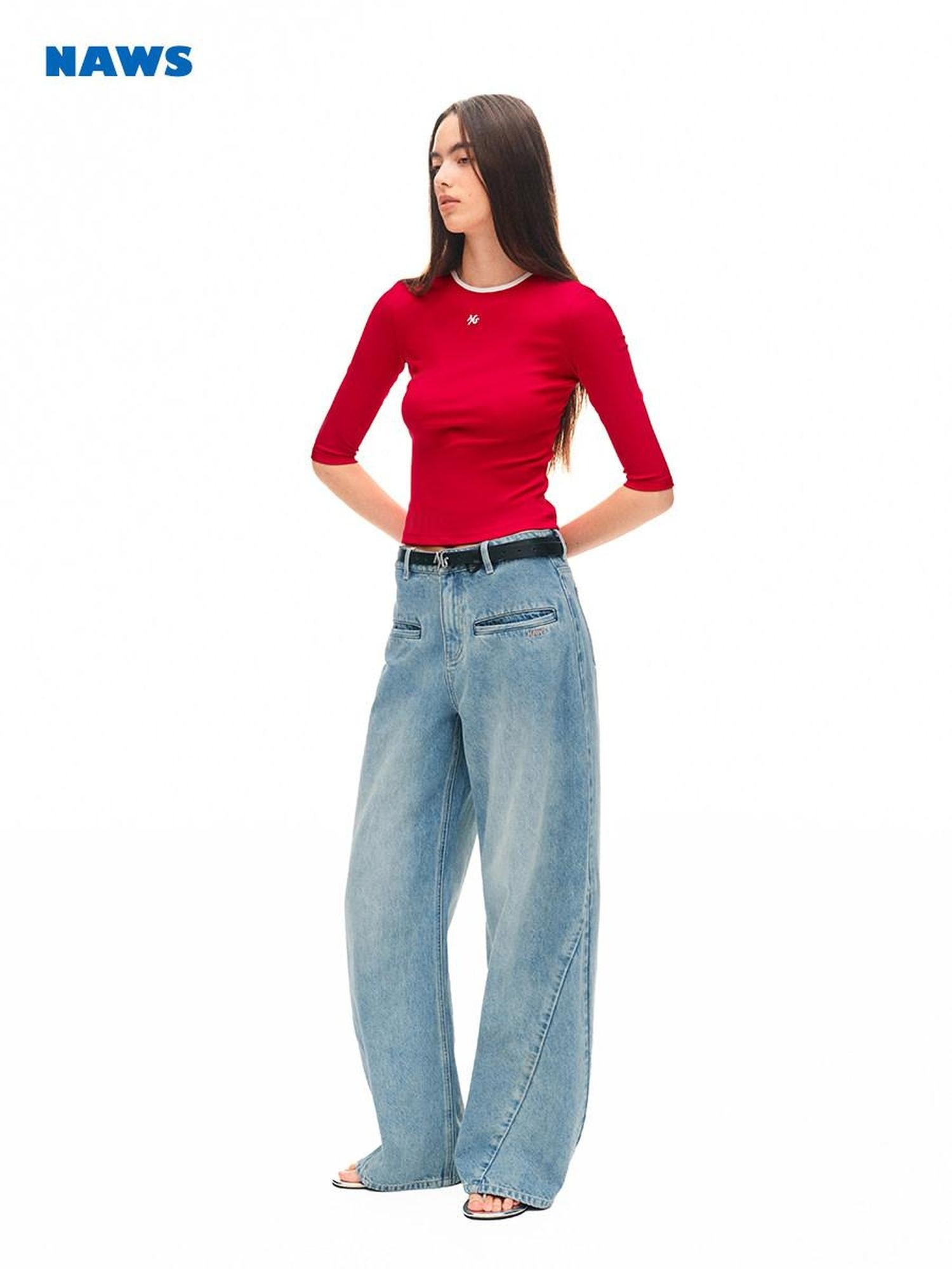 NAWSNOTAWEAR Cotton Stretch Slim Commuter Crew Half Sleeve Mars Red Long Sleeve T-Shirts