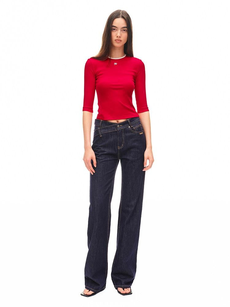 NAWSNOTAWEAR Cotton Stretch Slim Commuter Crew Half Sleeve Mars Red Long Sleeve T-Shirts