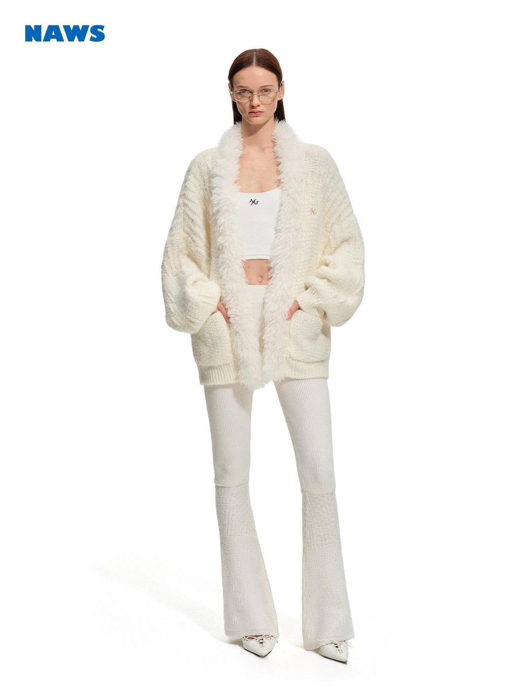 NAWSNOTAWEAR Cozy Knit Wool Blend Natural Waist Micro Flare Women Snow White Flared Pants