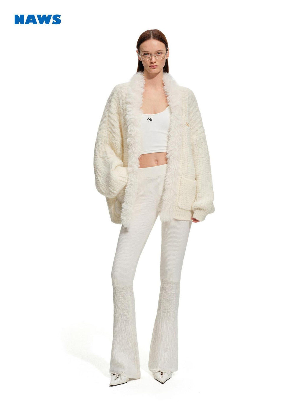 NAWSNOTAWEAR Cozy Knit Wool Blend Natural Waist Micro Flare Women Snow White Flared Pants