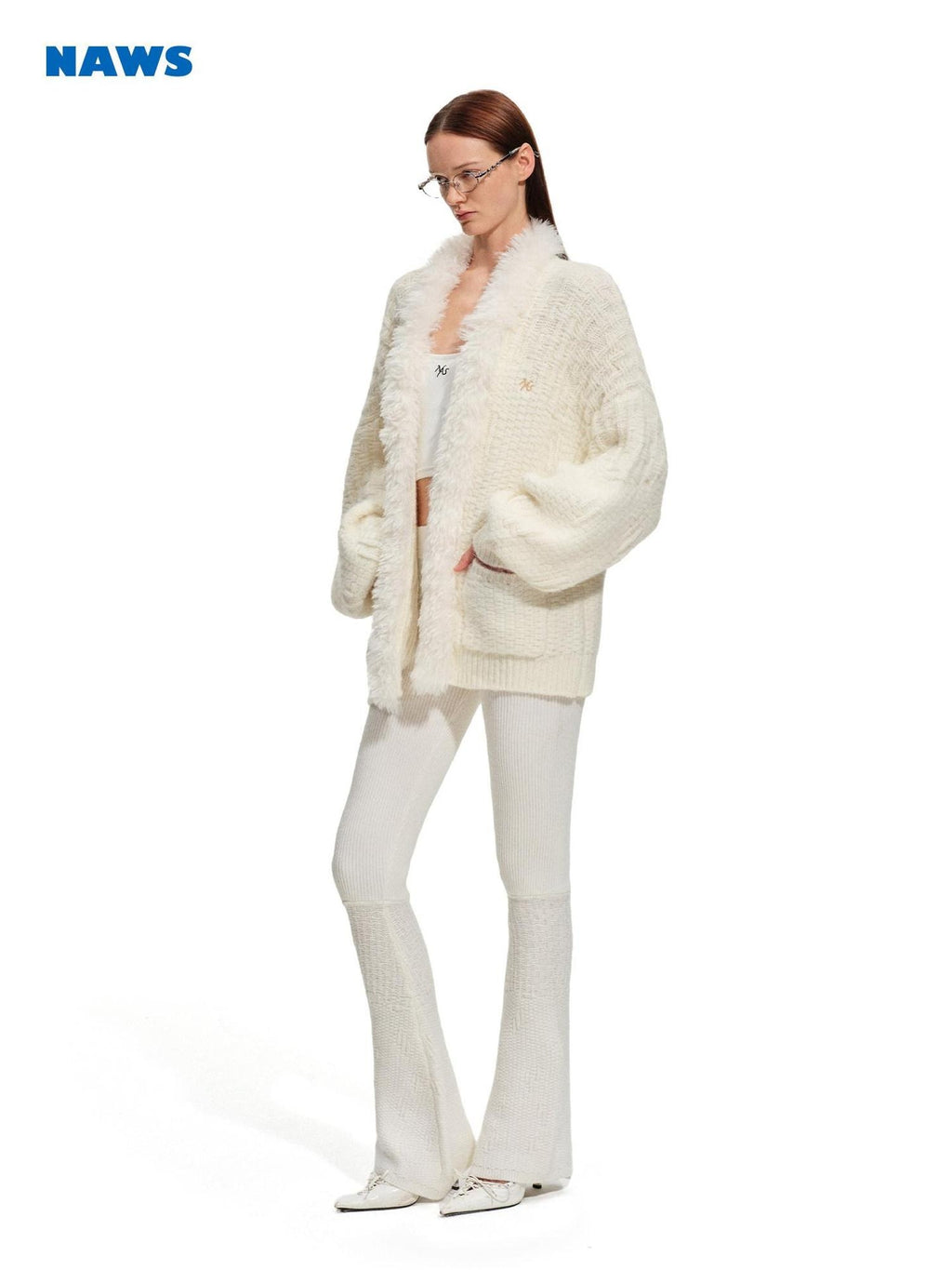 NAWSNOTAWEAR Cozy Knit Wool Blend Natural Waist Micro Flare Women Snow White Flared Pants