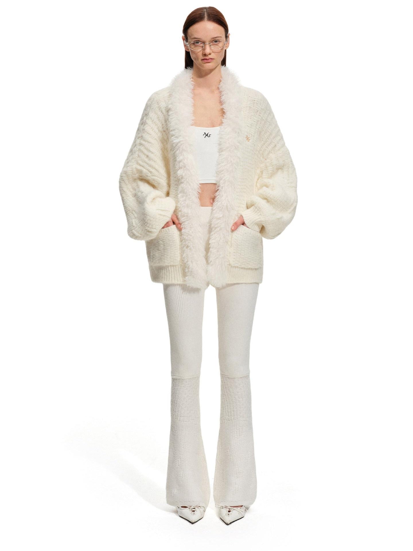 NAWSNOTAWEAR Cozy Knit Wool Blend Natural Waist Micro Flare Women Snow White Flared Pants