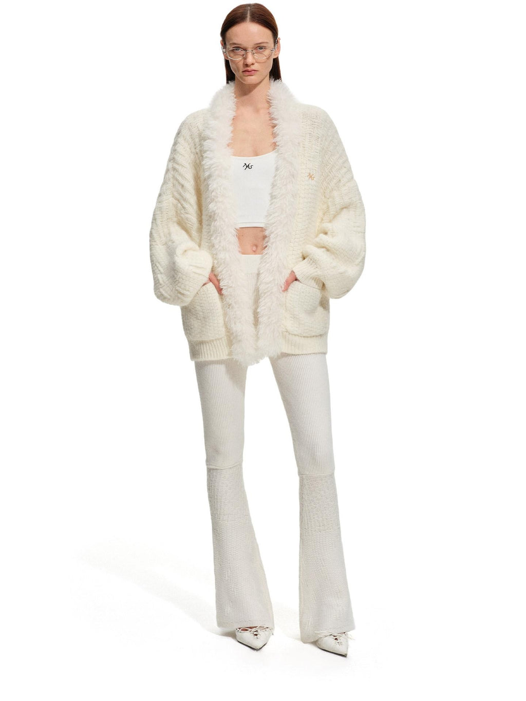 NAWSNOTAWEAR Cozy Knit Wool Blend Natural Waist Micro Flare Women Snow White Flared Pants