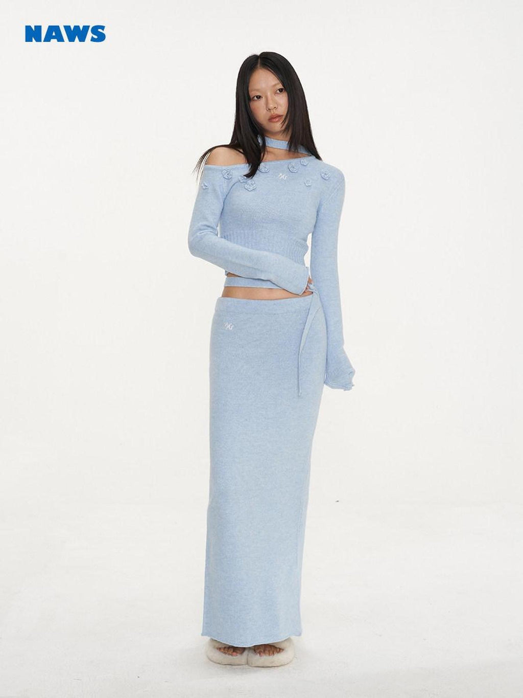 NAWSNOTAWEAR Cozy Long Sleeve Pullover Knit Casual Women Matching Aqua Blue Top & Skirt Sets