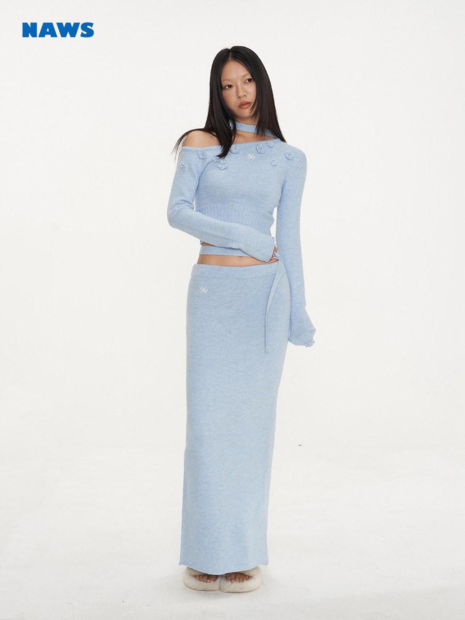 NAWSNOTAWEAR Cozy Long Sleeve Pullover Knit Casual Women Matching Aqua Blue Top & Skirt Sets