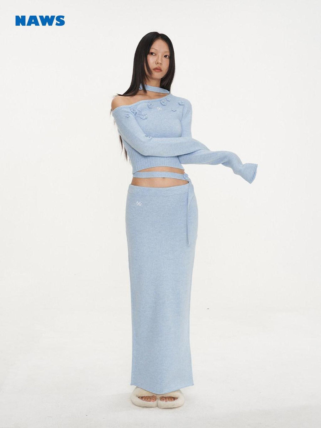 NAWSNOTAWEAR Cozy Long Sleeve Pullover Knit Casual Women Matching Aqua Blue Top & Skirt Sets