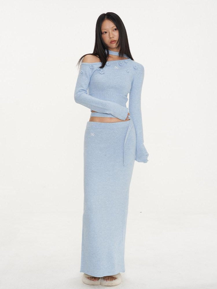 NAWSNOTAWEAR Cozy Long Sleeve Pullover Knit Casual Women Matching Aqua Blue Top & Skirt Sets