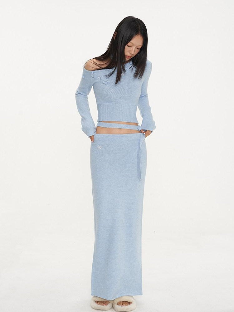 NAWSNOTAWEAR Cozy Long Sleeve Pullover Knit Casual Women Matching Aqua Blue Top & Skirt Sets