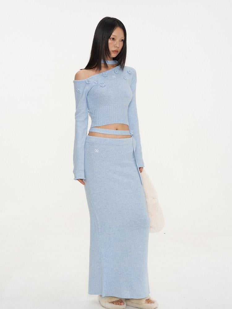 NAWSNOTAWEAR Cozy Long Sleeve Pullover Knit Casual Women Matching Aqua Blue Top & Skirt Sets