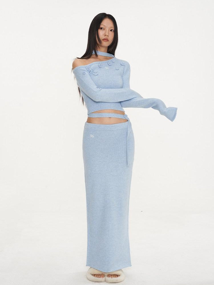 NAWSNOTAWEAR Cozy Long Sleeve Pullover Knit Casual Women Matching Aqua Blue Top & Skirt Sets