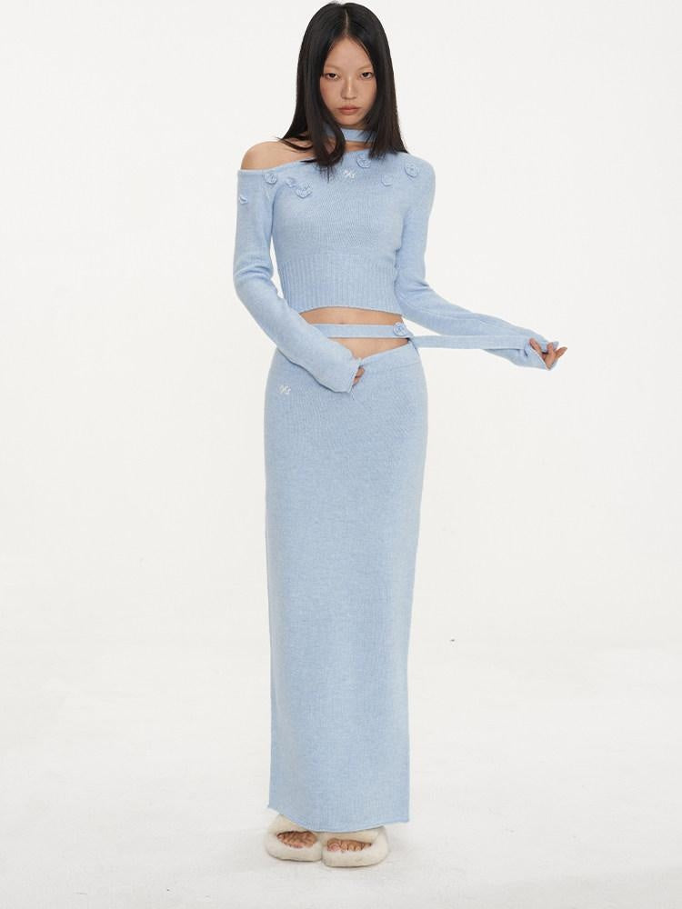 NAWSNOTAWEAR Cozy Long Sleeve Pullover Knit Casual Women Matching Aqua Blue Top & Skirt Sets