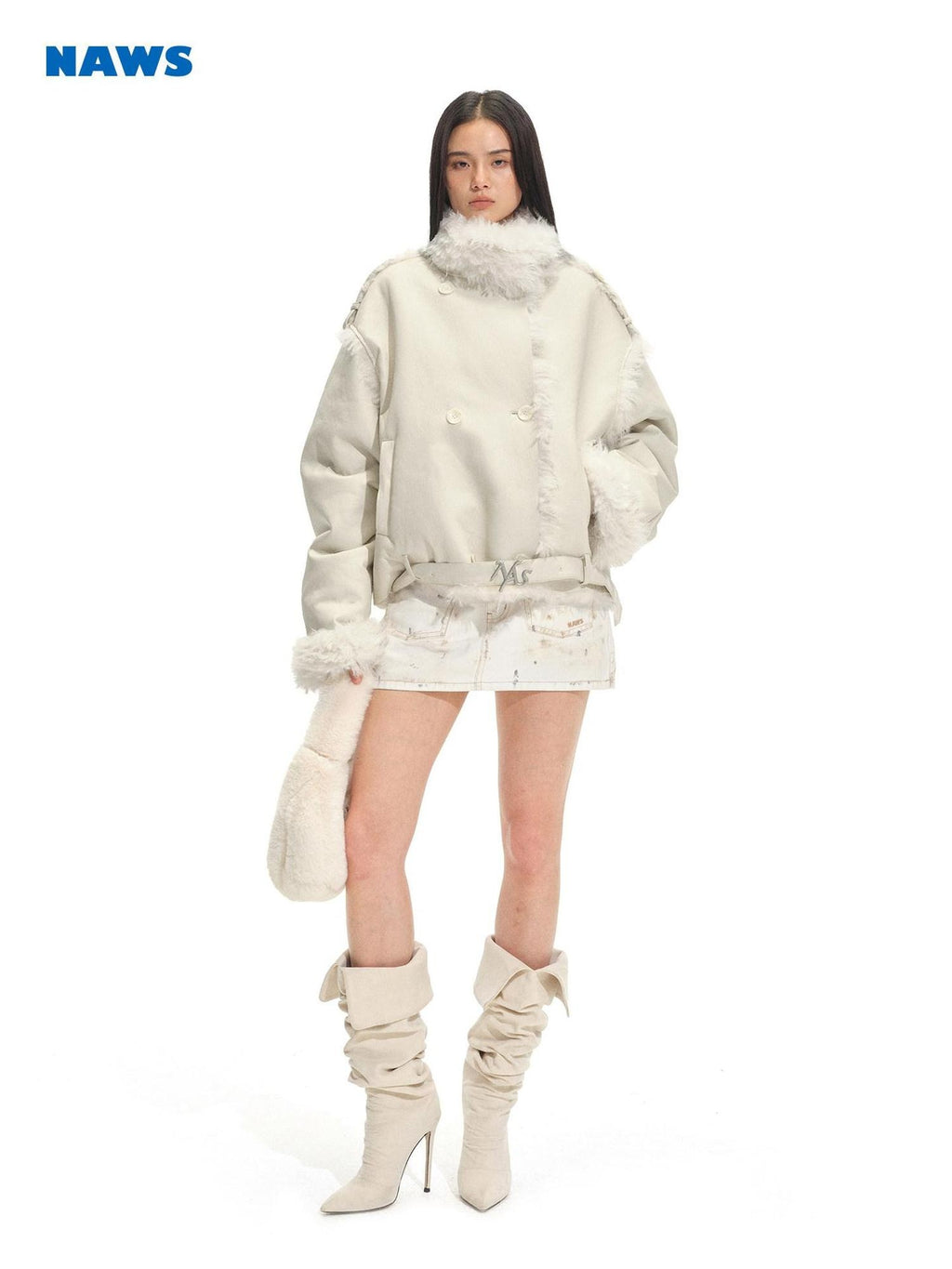 NAWSNOTAWEAR Cozy Thick Lined Vintage Vertical Fur Trim Double Breasted Women Short Coat