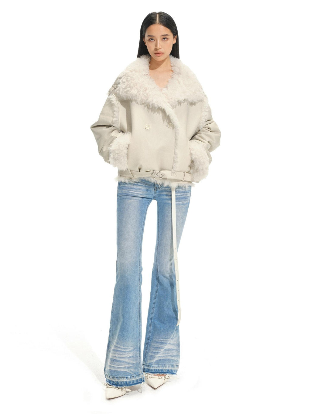 NAWSNOTAWEAR Cozy Thick Lined Vintage Vertical Fur Trim Double Breasted Women Short Coat