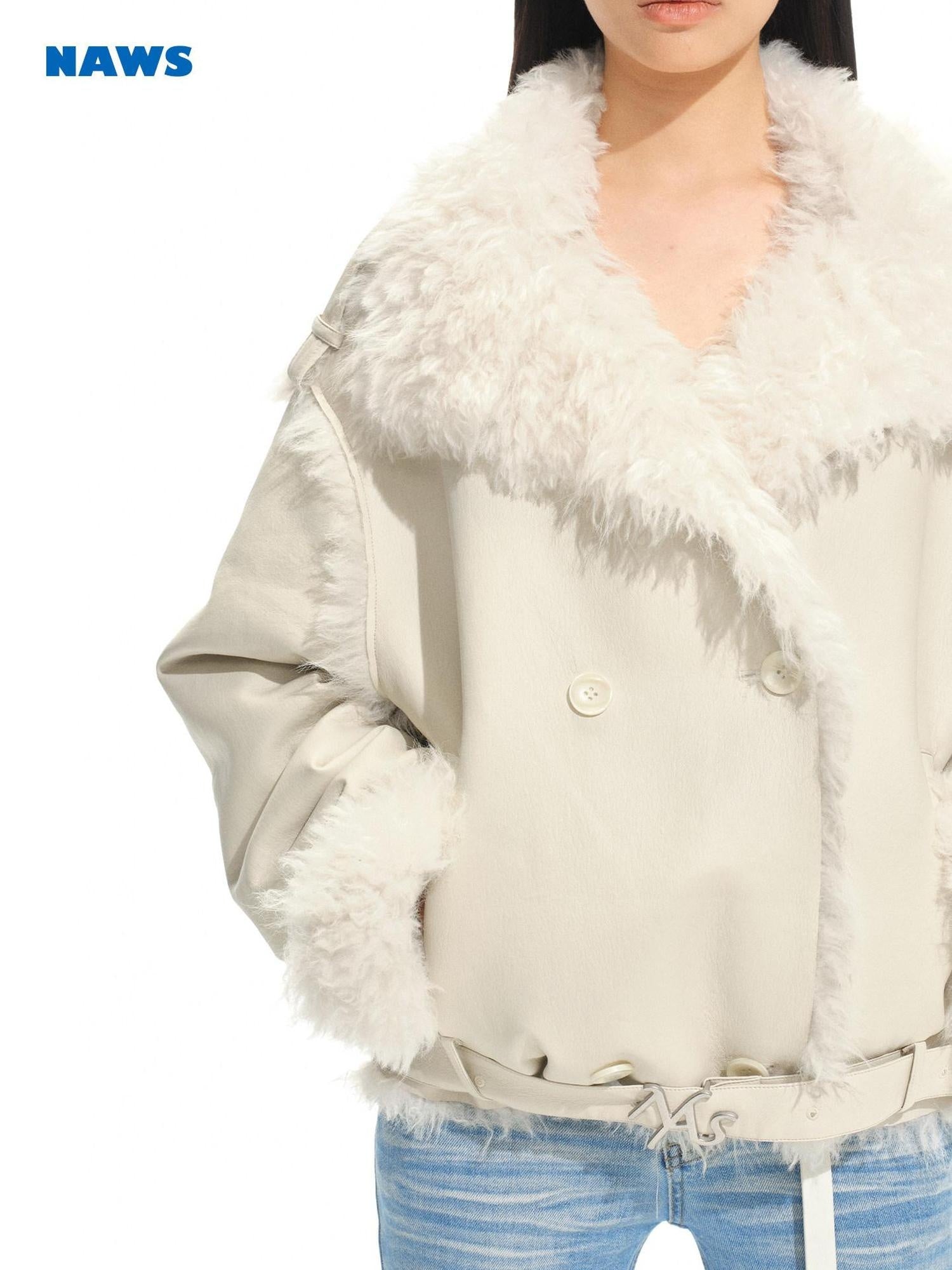 NAWSNOTAWEAR Cozy Thick Lined Vintage Vertical Fur Trim Double Breasted Women Short Coat