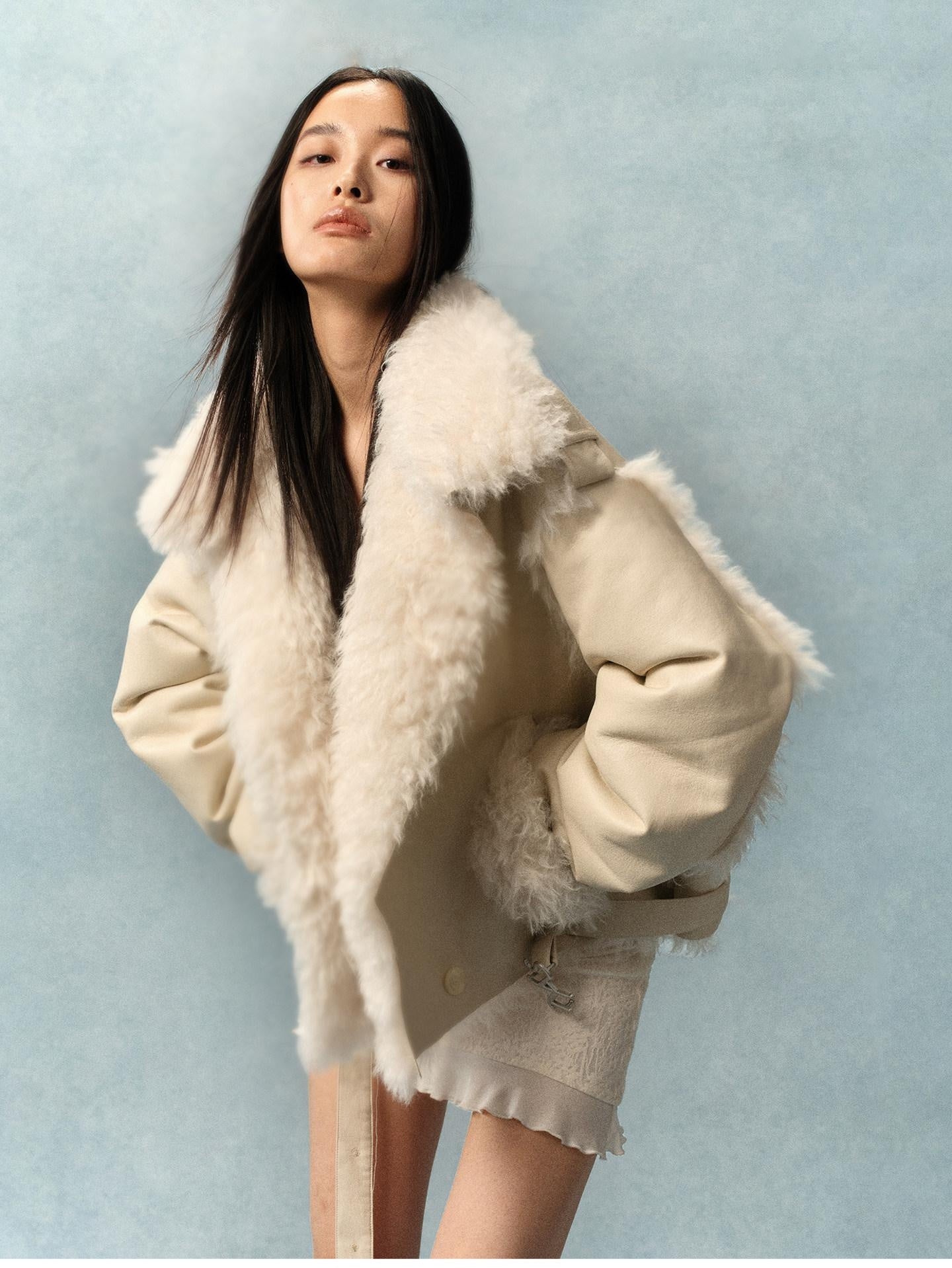 NAWSNOTAWEAR Cozy Thick Lined Vintage Vertical Fur Trim Double Breasted Women Short Coat