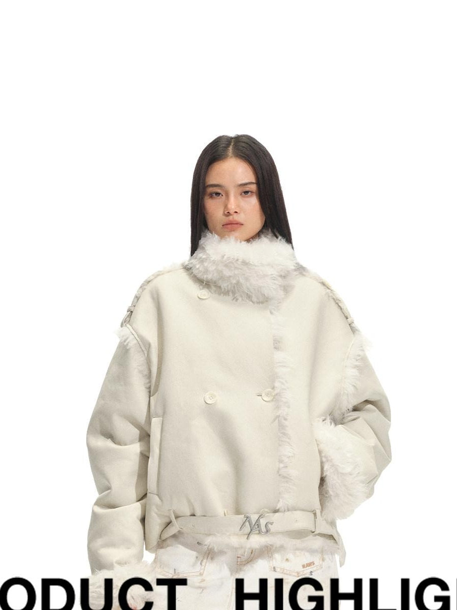 NAWSNOTAWEAR Cozy Thick Lined Vintage Vertical Fur Trim Double Breasted Women Short Coat