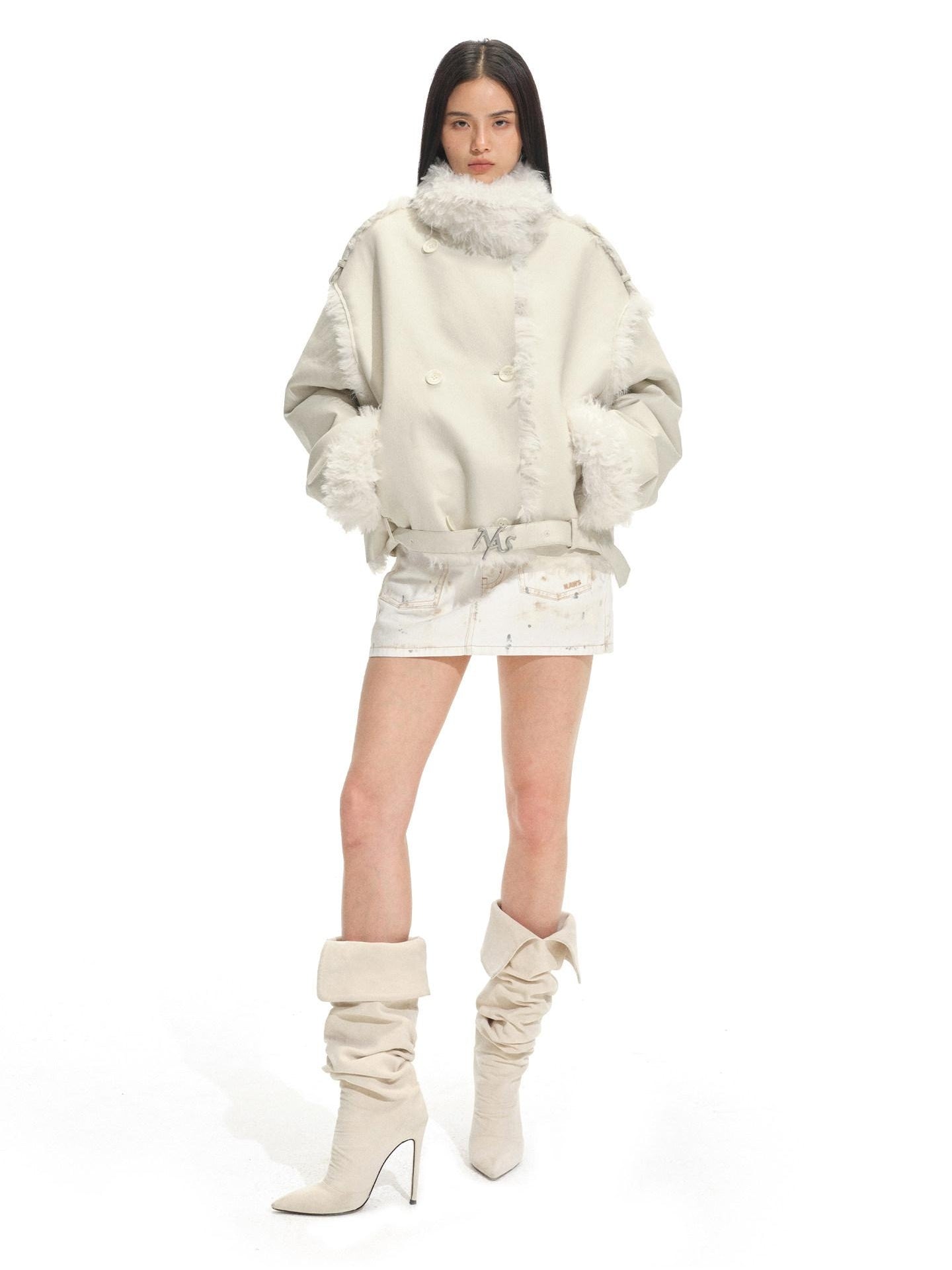 NAWSNOTAWEAR Cozy Thick Lined Vintage Vertical Fur Trim Double Breasted Women Short Coat