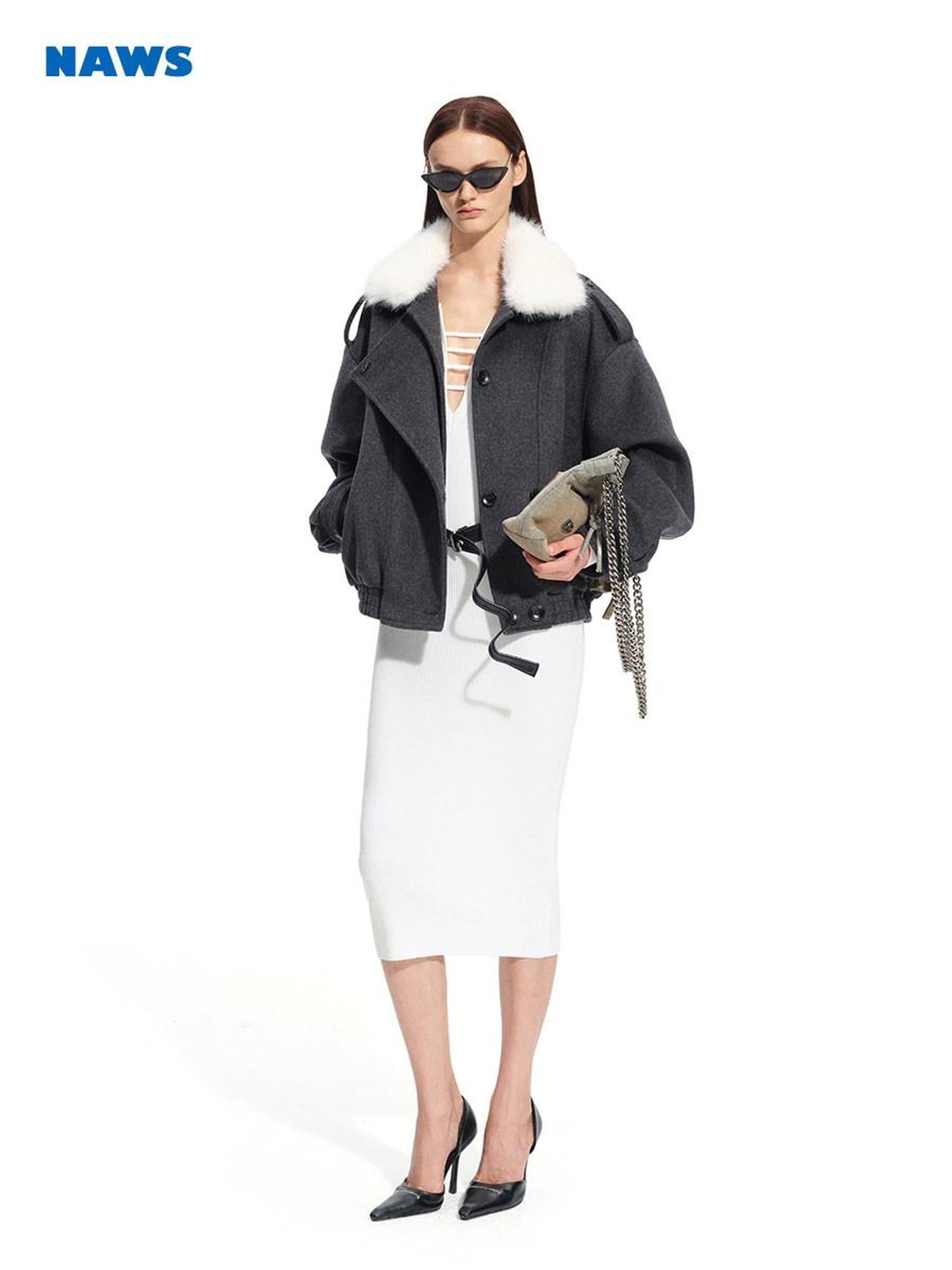 NAWSNOTAWEAR Cozy Warm High Collar Loose Casual Short Length Women Grass Gray Wool Coats