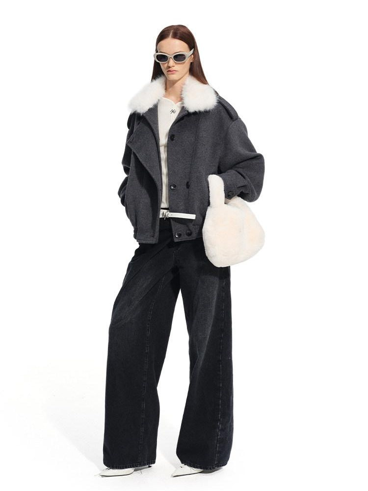NAWSNOTAWEAR Cozy Warm High Collar Loose Casual Short Length Women Grass Gray Wool Coats