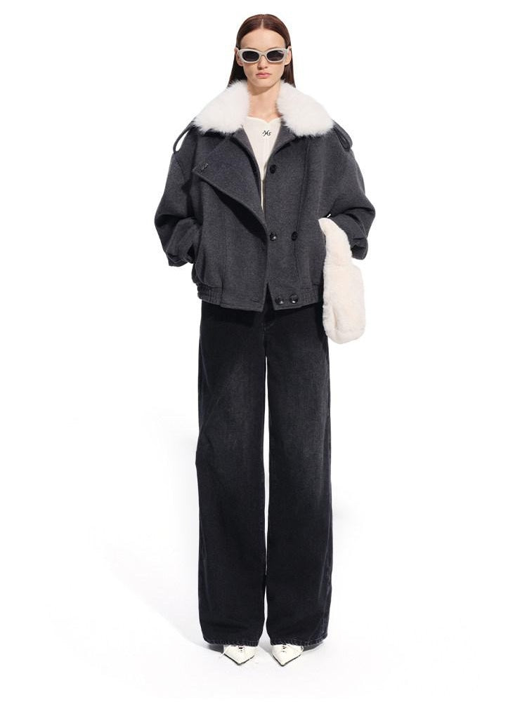 NAWSNOTAWEAR Cozy Warm High Collar Loose Casual Short Length Women Grass Gray Wool Coats