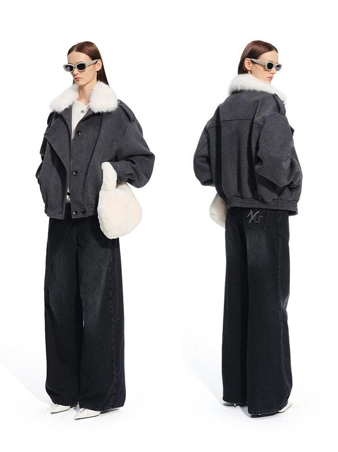 NAWSNOTAWEAR Cozy Warm High Collar Loose Casual Short Length Women Grass Gray Wool Coats