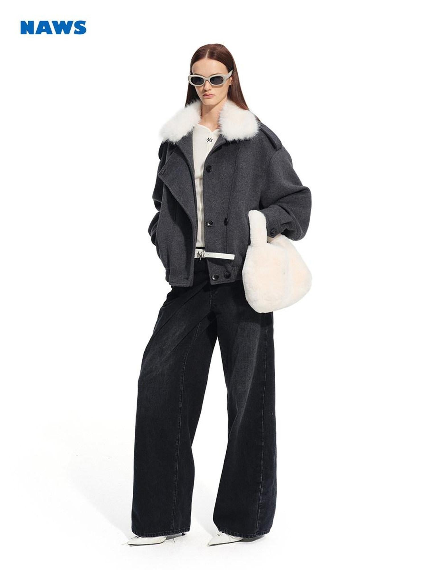 NAWSNOTAWEAR Cozy Warm High Collar Loose Casual Short Length Women Grass Gray Wool Coats