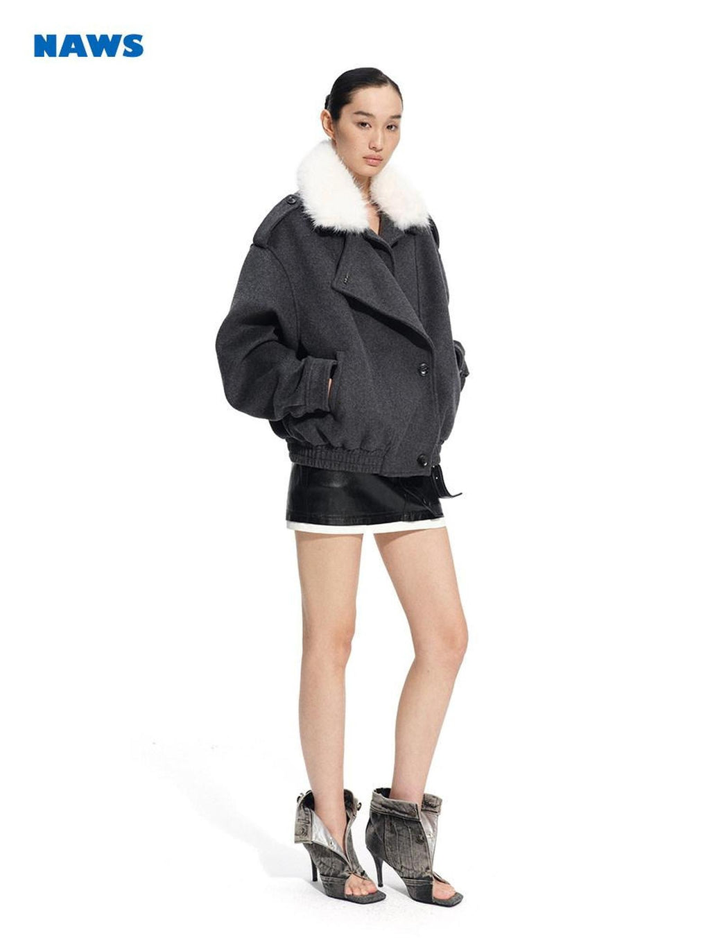 NAWSNOTAWEAR Cozy Warm High Collar Loose Casual Short Length Women Grass Gray Wool Coats