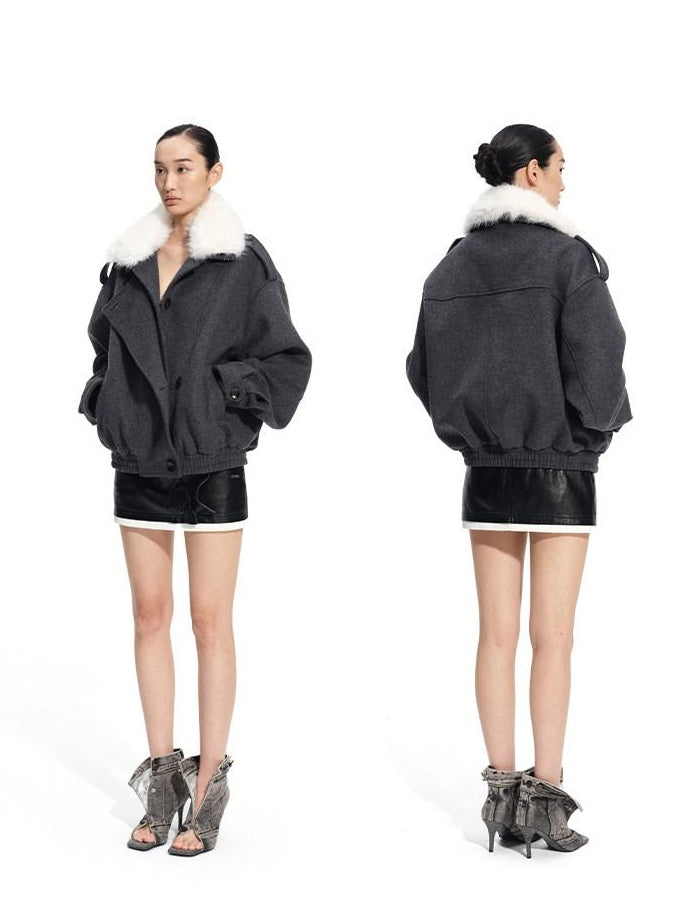 NAWSNOTAWEAR Cozy Warm High Collar Loose Casual Short Length Women Grass Gray Wool Coats