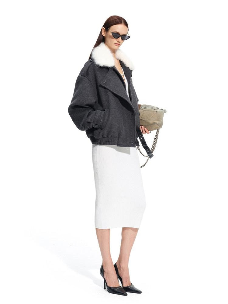 NAWSNOTAWEAR Cozy Warm High Collar Loose Casual Short Length Women Grass Gray Wool Coats