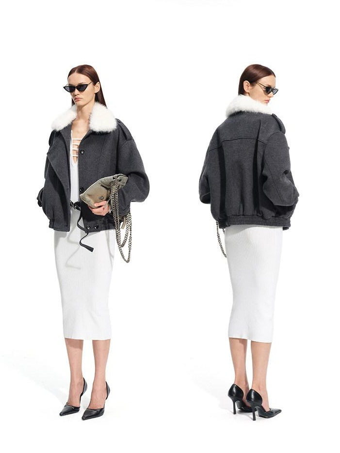NAWSNOTAWEAR Cozy Warm High Collar Loose Casual Short Length Women Grass Gray Wool Coats